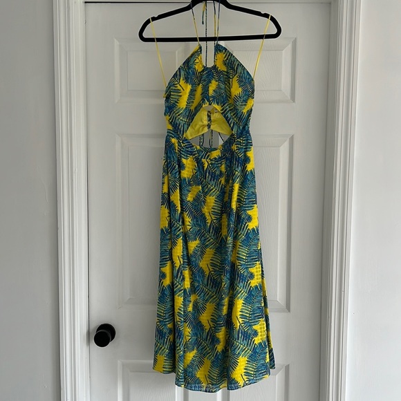 TANYA TAYLOR Palm Print Blue Yellow Halter Cutout Midi Dress 2 - Picture 3 of 10